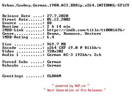 NFO for the release Urban.Cowboy.German.1980.AC3.BDRip.x264.iNTERNAL-SPiCY by SPiCY