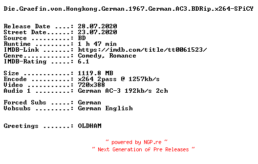 NFO for the release Die.Graefin.von.Hongkong.German.1967.German.AC3.BDRip.x264-SPiCY by SPiCY