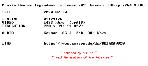 NFO for the release Monika.Gruber.Irgendwas.is.immer.2015.German.DVDRip.x264-SDGRP by SDGRP