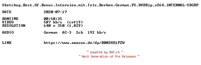 NFO for the release Sketchup.Best.Of.Bonus.Interview.mit.Iris.Berben.German.FS.DVDRip.x264.iNTERNAL-SDGRP by SDGRP