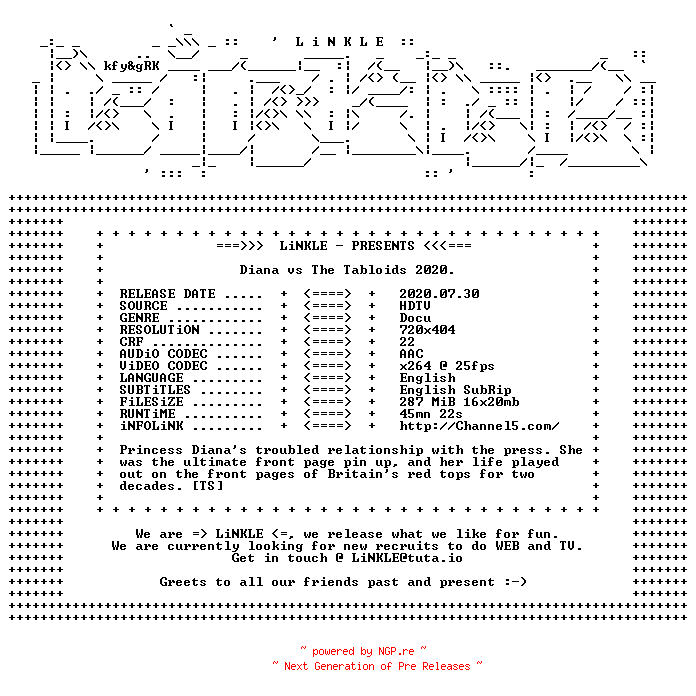NFO for the release Diana.vs.The.Tabloids.2020.HDTV.x264-LiNKLE by LiNKLE