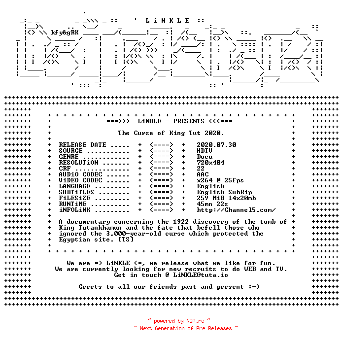 NFO for the release The.Curse.of.King.Tut.2020.HDTV.x264-LiNKLE by LiNKLE