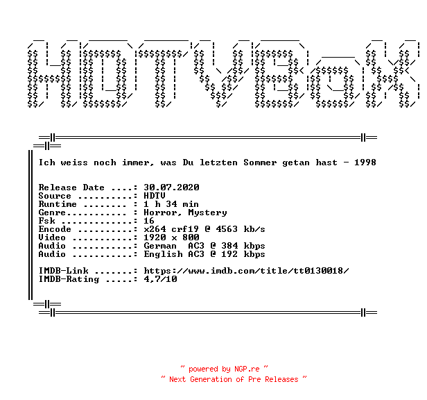 NFO for the release Ich.weiss.noch.immer.was.Du.letzten.Sommer.getan.hast.1998.German.DL.1080p.HDTV.x264.iNTERNAL-HDTVBoX by HDTVBoX