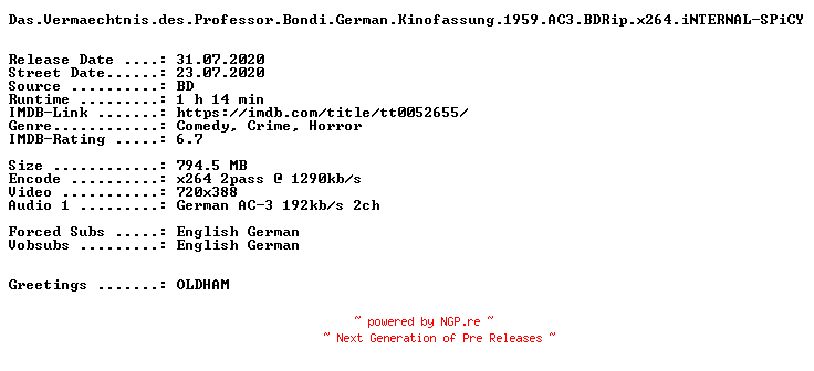 NFO for the release Das.Vermaechtnis.des.Professor.Bondi.German.Kinofassung.1959.AC3.BDRip.x264.iNTERNAL-SPiCY by SPiCY