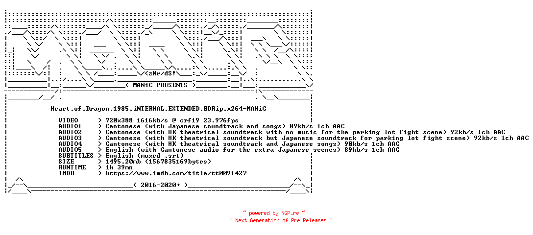 NFO for the release Heart.of.Dragon.1985.iNTERNAL.EXTENDED.BDRip.x264-MANiC by MANiC