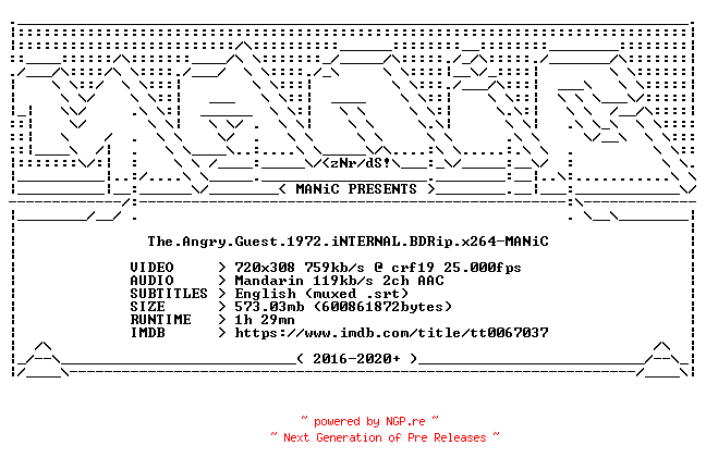 NFO for the release The.Angry.Guest.1972.iNTERNAL.BDRip.x264-MANiC by MANiC