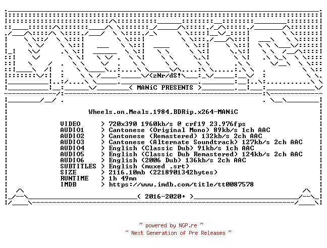 NFO for the release Wheels.on.Meals.1984.iNTERNAL.BDRip.x264-MANiC by MANiC