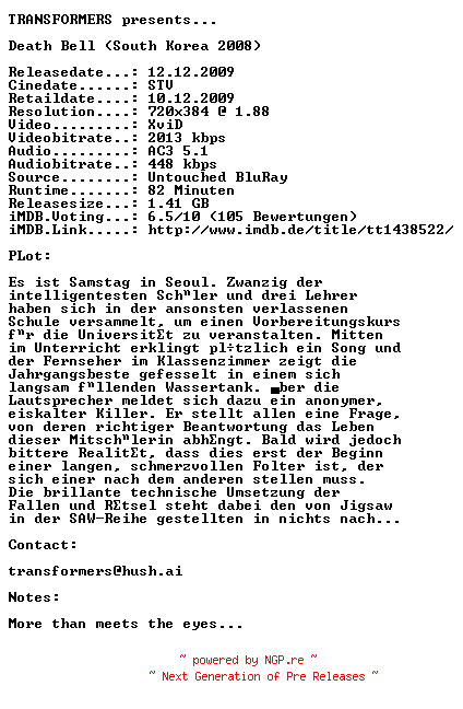 NFO for the release Death.Bell.German.AC3.BDRip.XviD-TRANSFORMERS by TRANSFORMERS