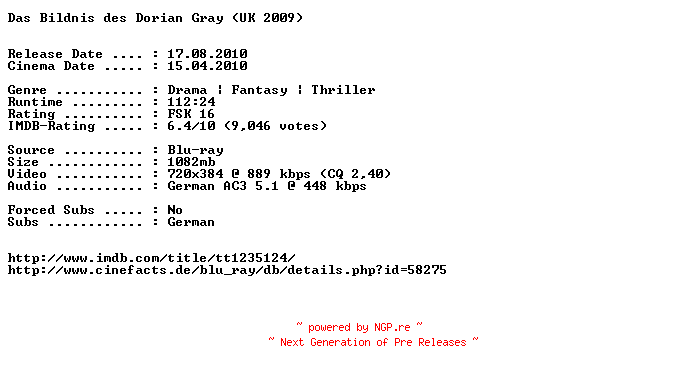 NFO for the release Das.Bildnis.des.Dorian.Gray.German.AC3.BDRip.XviD-EXQUiSiTE by EXQUiSiTE