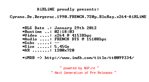 NFO for the release Cyrano.De.Bergerac.1990.FRENCH.720p.BluRay.x264-AiRLiNE by AiRLiNE