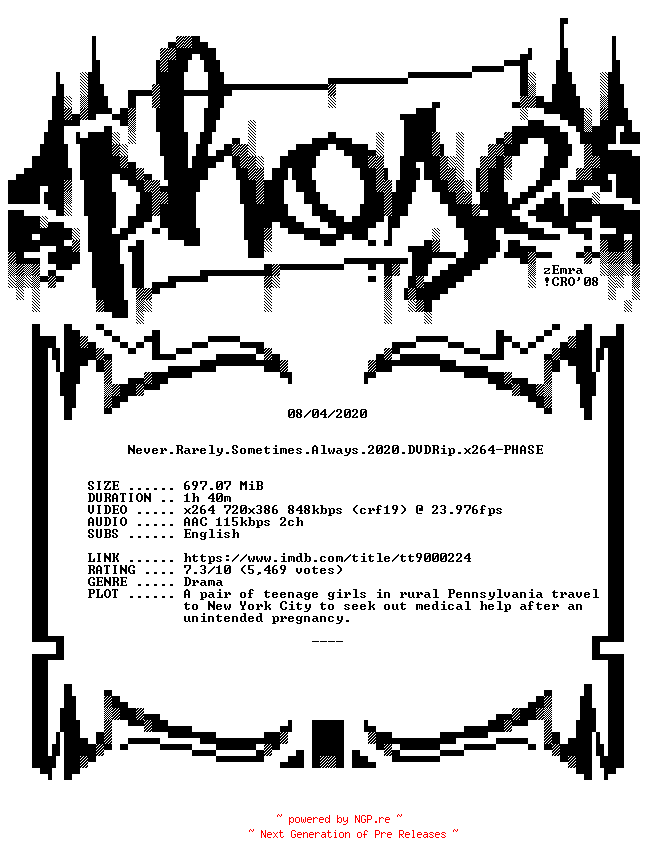 NFO for the release Never.Rarely.Sometimes.Always.2020.DVDRip.x264-PHASE by PHASE