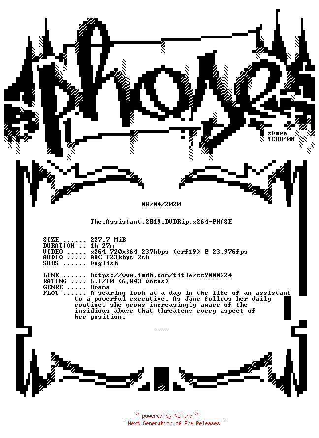 NFO for the release The.Assistant.2019.DVDRip.x264-PHASE by PHASE