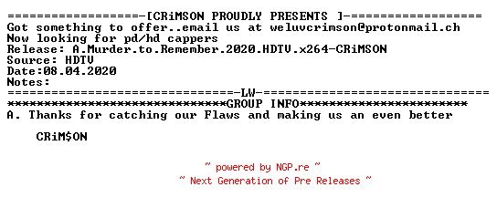 NFO for the release A.Murder.to.Remember.2020.HDTV.x264-CRiMSON by CRiMSON
