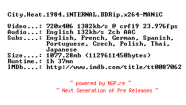 NFO for the release City.Heat.1984.iNTERNAL.BDRip.x264-MANiC by MANiC