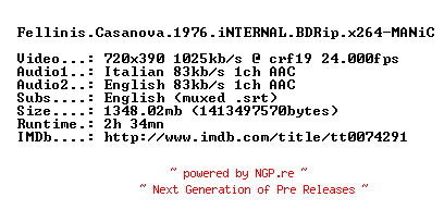 NFO for the release Fellinis.Casanova.1976.iNTERNAL.BDRip.x264-MANiC by MANiC