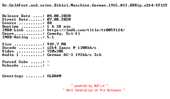 NFO for the release Dr.Goldfoot.und.seine.Bikini.Maschine.German.1965.AC3.BDRip.x264-SPiCY by SPiCY