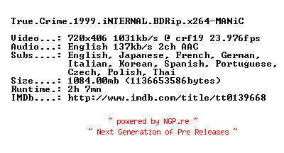 NFO for the release True.Crime.1999.iNTERNAL.BDRip.x264-MANiC by MANiC
