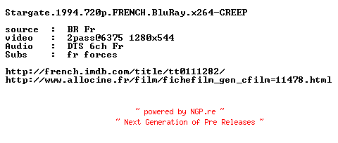 NFO for the release Stargate.1994.720p.FRENCH.BluRay.x264-CREEP by CREEP