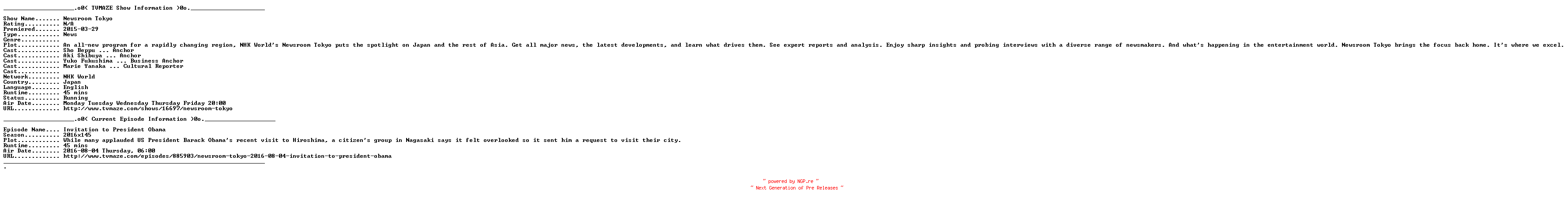 NFO for the release Newsroom.Tokyo.2020.08.04.HDTV.x264-DARKFLiX by DARKFLiX