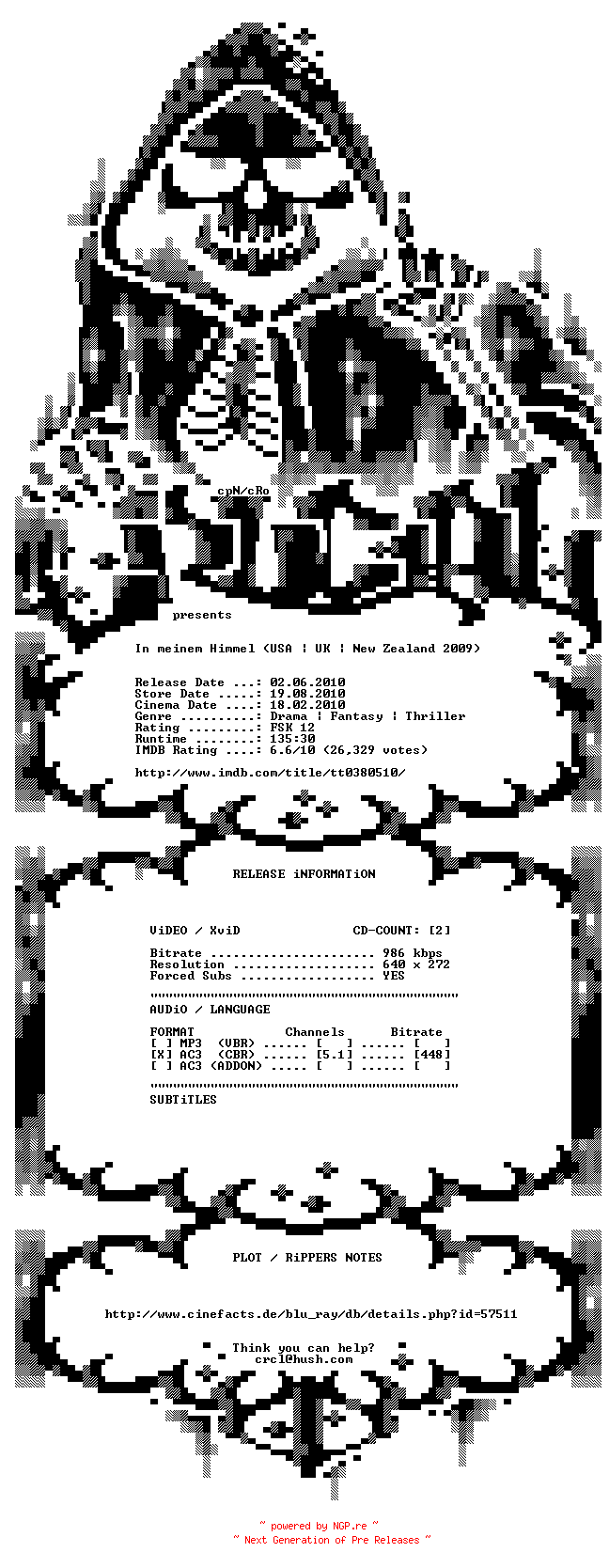 NFO for the release In.meinem.Himmel.German.AC3.BDRip.XviD-CRUCiAL by CRUCiAL