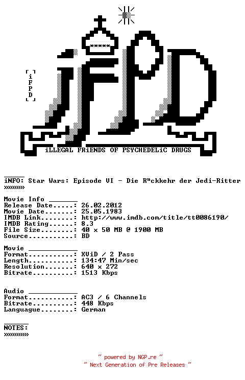 NFO for the release Star.Wars.Episode.VI.Die.Rueckkehr.der.Jedi.Ritter.German.1983.AC3.BDRiP.XViD.iNTERNAL-iFPD by iFPD