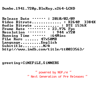 NFO for the release Dumbo.1941.720p.BluRay.x264-LCHD by LCHD