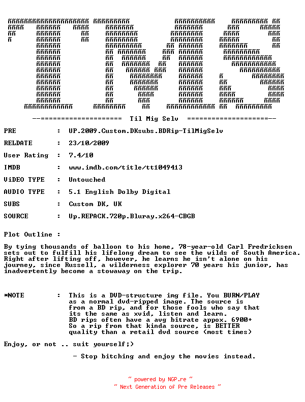 NFO for the release Up.2009.Custom.DKsubs.BDRip-TilMigSelv by TilMigSelv