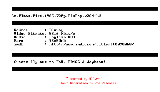NFO for the release St.Elmos.Fire.1985.720p.BluRay.x264-hV by hV