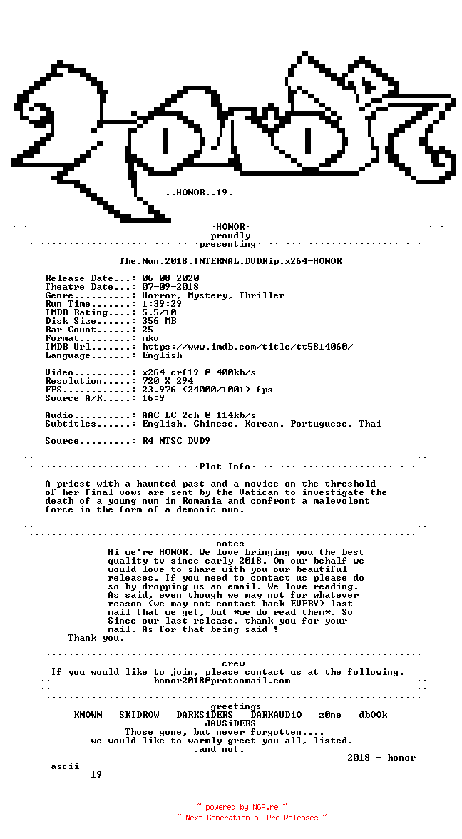 NFO for the release The.Nun.2018.INTERNAL.DVDRip.x264-HONOR by HONOR