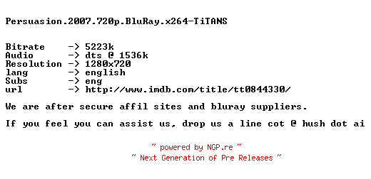 NFO for the release Persuasion.2007.720p.BluRay.x264-TiTANS by TiTANS
