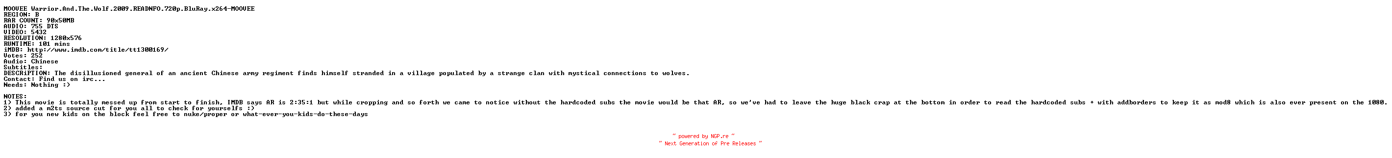 NFO for the release Warrior.And.The.Wolf.2009.READNFO.720p.BluRay.x264-MOOVEE by MOOVEE