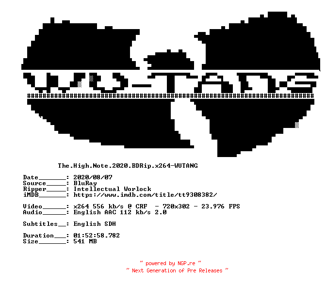 NFO for the release The.High.Note.2020.BDRip.x264-WUTANG by WUTANG