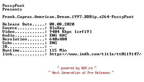 NFO for the release Frank.Capras.American.Dream.1997.BDRip.x264-PussyFoot by PussyFoot