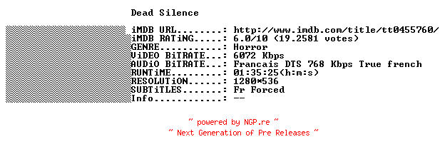 NFO for the release Dead.Silence.2007.FRENCH.720p.BluRay.x264-THENiGHTMAREiNHD by THENiGHTMAREiNHD