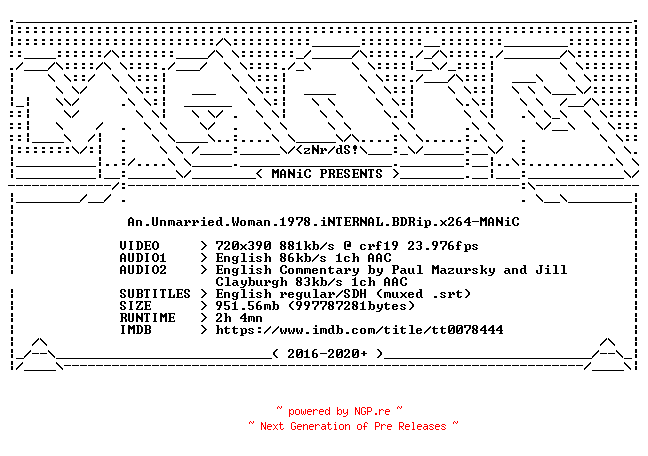 NFO for the release An.Unmarried.Woman.1978.iNTERNAL.BDRip.x264-MANiC by MANiC