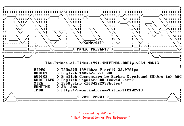 NFO for the release The.Prince.of.Tides.1991.iNTERNAL.BDRip.x264-MANiC by MANiC