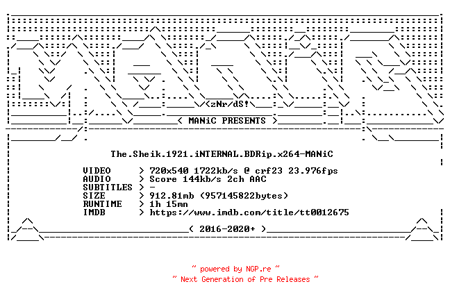 NFO for the release The.Sheik.1921.iNTERNAL.BDRip.x264-MANiC by MANiC