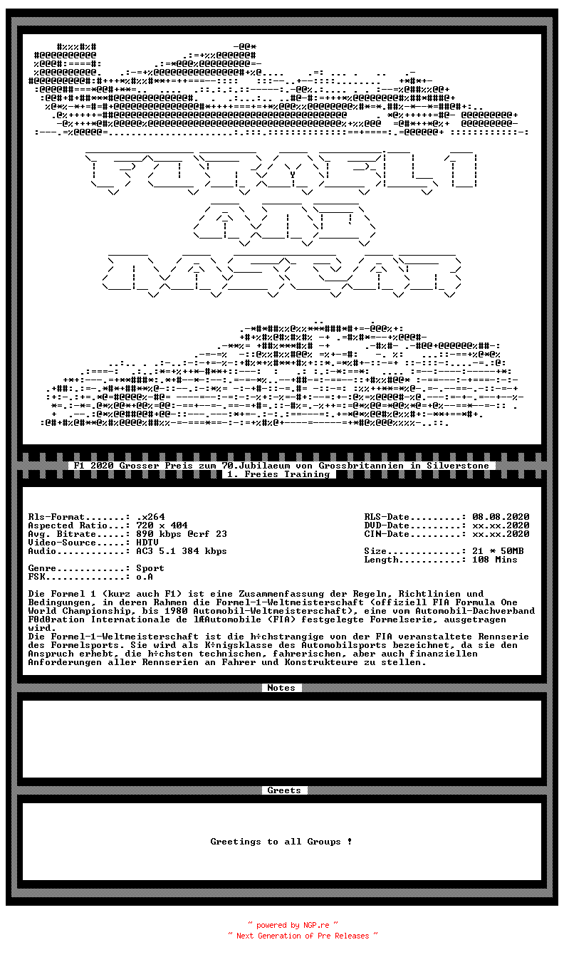 NFO for the release F1.2020.Grosser.Preis.zum.70.Jubilaeum.von.Grossbritannien.1.Freies.Training.in.Silverstone.German.HDTVRiP.x264-F1ANA by F1ANA