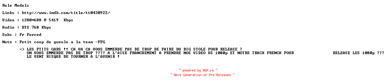 NFO for the release Role.Models.720p.FRENCH.BluRay.x264-ForceBleue by ForceBleue