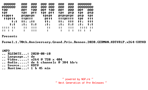NFO for the release Formel.1.70th.Anniversary.Grand.Prix.Rennen.2020.GERMAN.HDTVRiP.x264-SKYHD by SKYHD