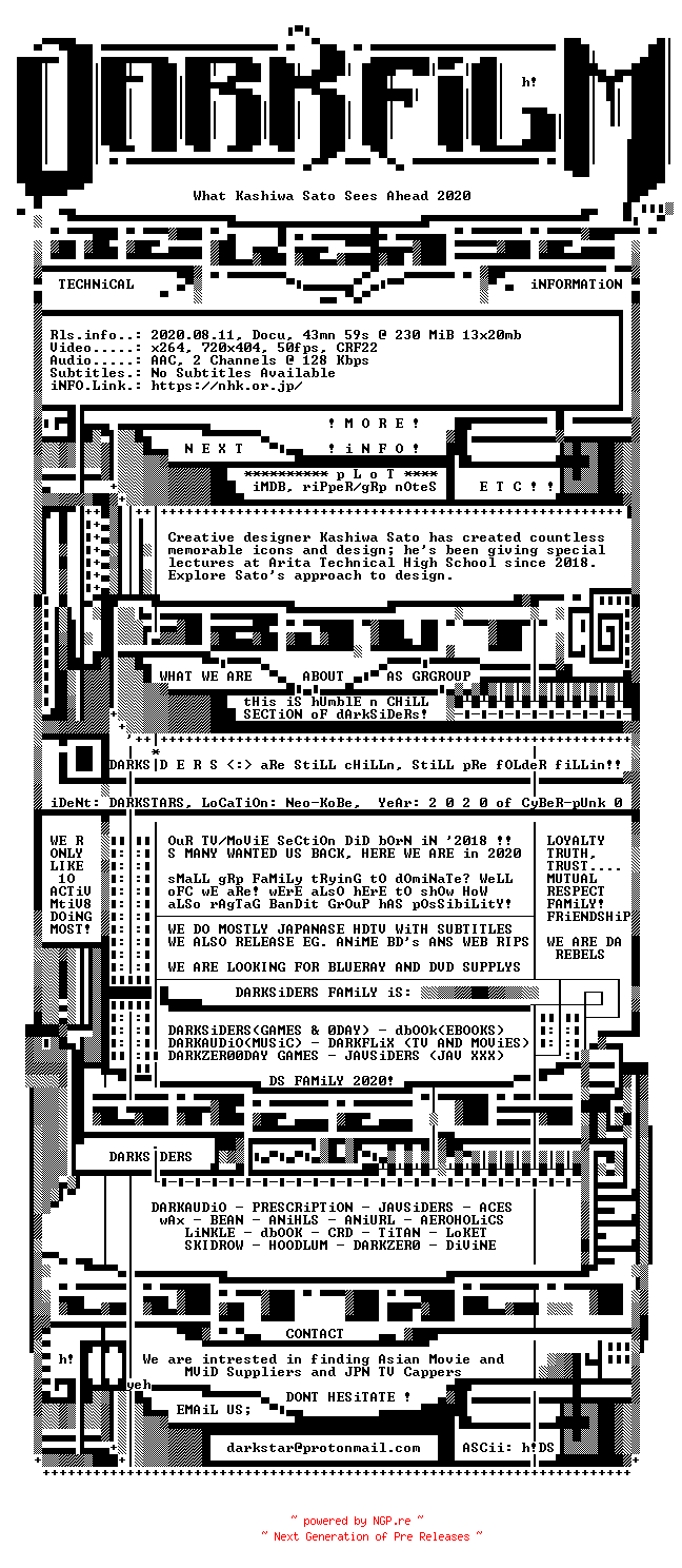 NFO for the release What.Kashiwa.Sato.Sees.Ahead.2020.HDTV.x264-DARKFLiX by DARKFLiX