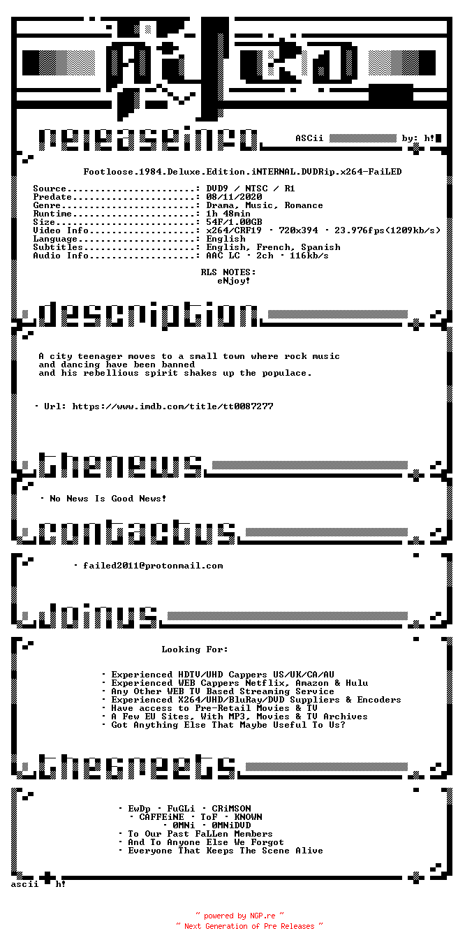 NFO for the release Footloose.1984.Deluxe.Edition.iNTERNAL.DVDRip.x264-FaiLED by FaiLED