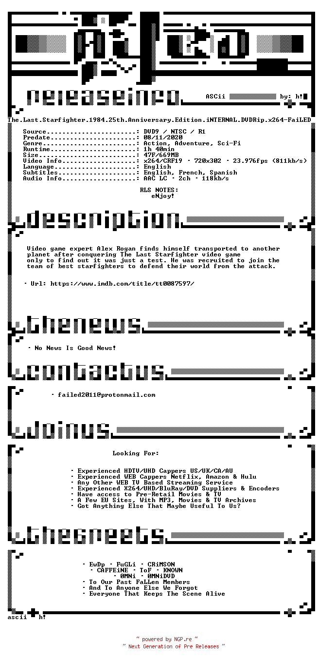 NFO for the release The.Last.Starfighter.1984.25th.Anniversary.Edition.iNTERNAL.DVDRip.x264-FaiLED by FaiLED