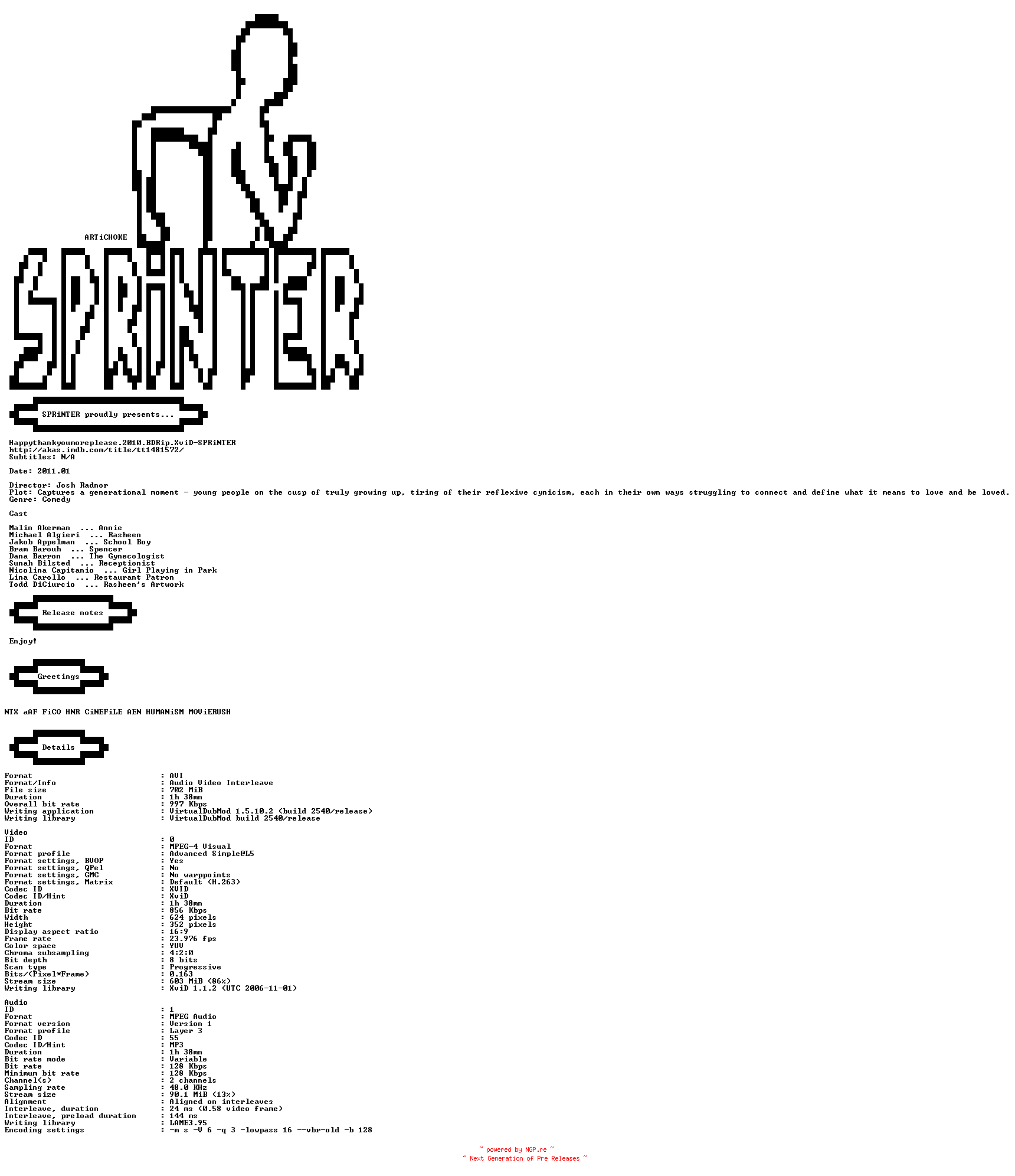 NFO for the release Happythankyoumoreplease.2010.BDRip.XviD-SPRiNTER by SPRiNTER