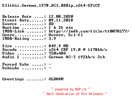 NFO for the release Slithis.German.1978.AC3.BDRip.x264-SPiCY by SPiCY