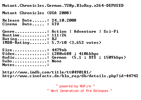 NFO for the release Mutant.Chronicles.German.720p.BluRay.x264-DEFUSED by DEFUSED