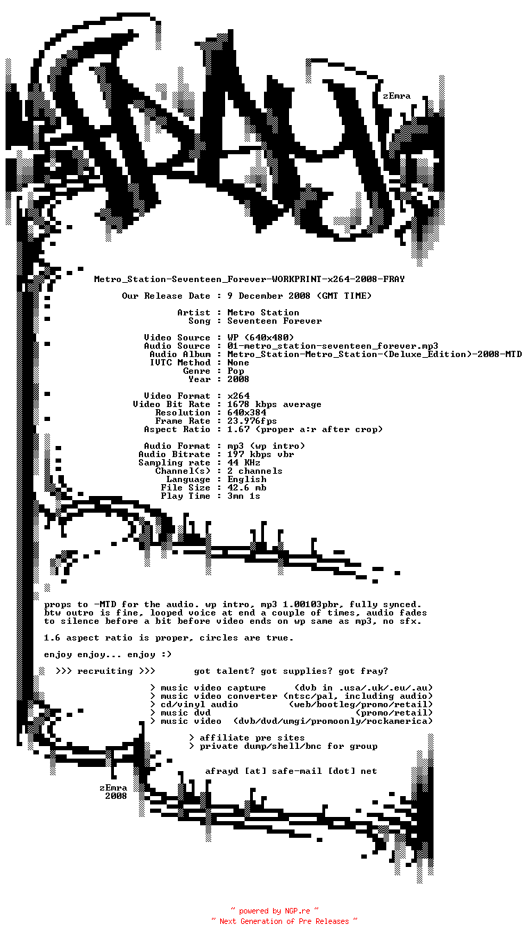 NFO for the release Metro_Station-Seventeen_Forever-WORKPRINT-x264-2008-FRAY by FRAY