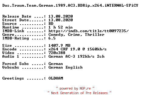 NFO for the release Das.Traum.Team.German.1989.AC3.BDRip.x264.iNTERNAL-SPiCY by SPiCY