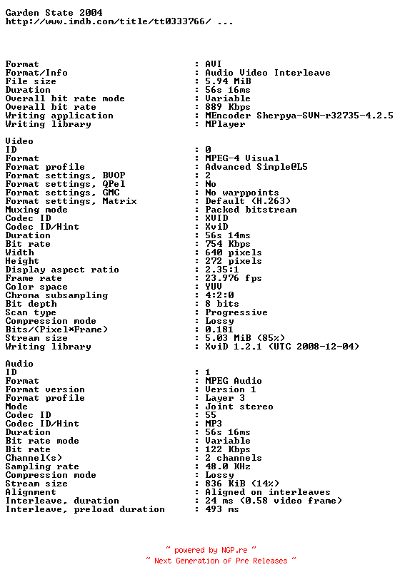 NFO for the release Garden.State.2004.GERMAN.iNTERNAL.BDRip.XViD-Trojan by Trojan