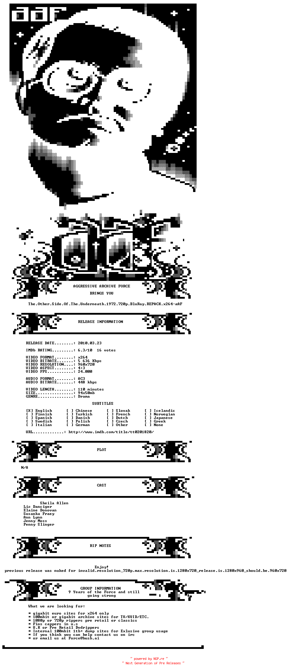 NFO for the release The.Other.Side.Of.The.Underneath.1972.720p.BluRay.REPACK.x264-aAF by aAF